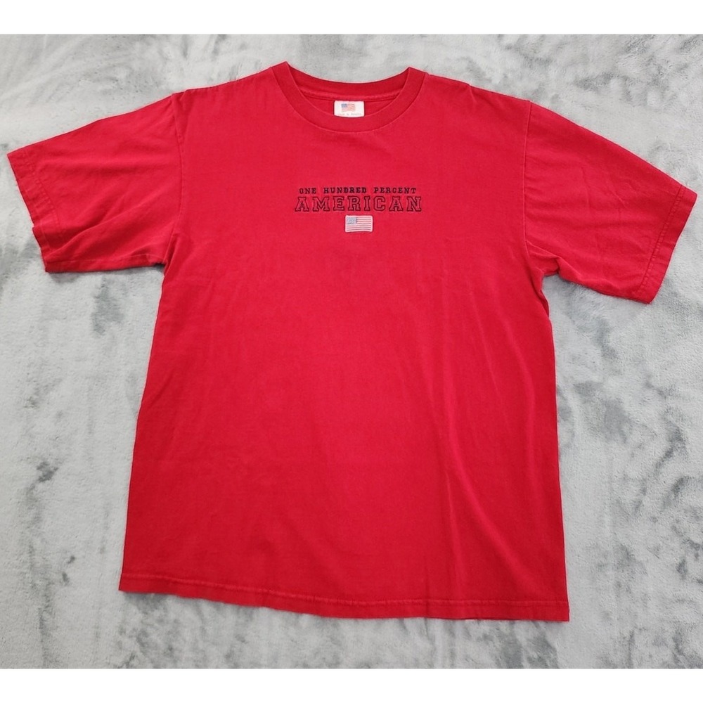 Vintage Proud American Tee Mens M Red Embroidered Flag Patriotic USA TeeJays 90s